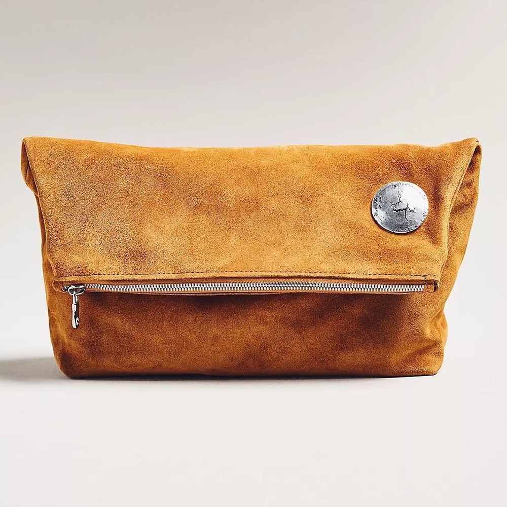 Streets Ahead Vesta Foldover Clutch NWT Anthropologie $382 Tan Suede Cognac